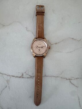 Fossil Rose Gold Dial Watch with Tan Suede Strap
